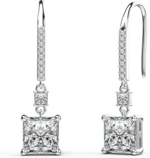 18K White Gold Plated Sterling Silver Square Princess Cut Cubic Zirconia Dangle Earrings for Women Square CZ Diamond Drop Dangling Earrings for Women Mom Hypoallergenic