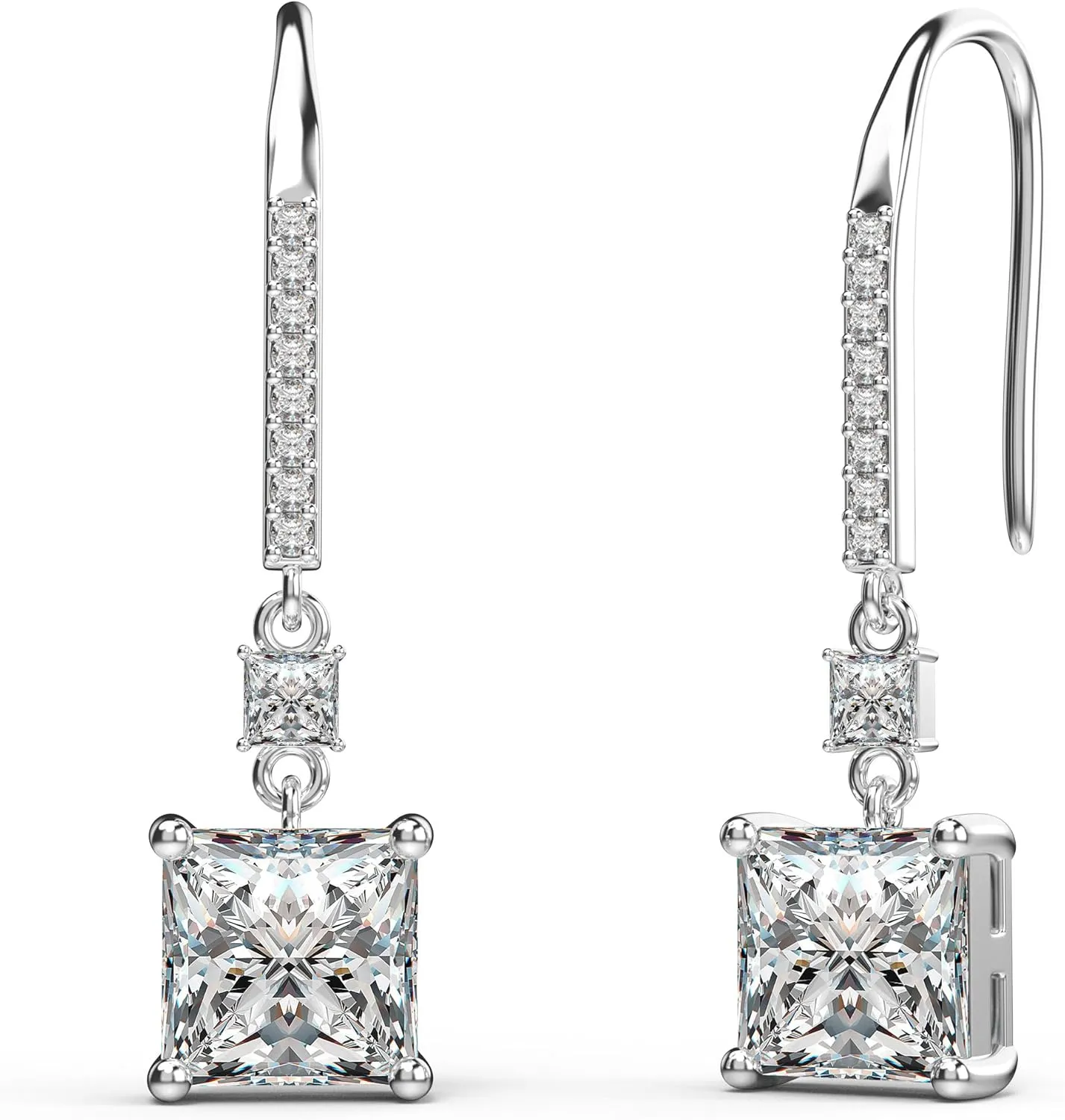18K White Gold Plated Sterling Silver Square Princess Cut Cubic Zirconia Dangle Earrings for Women Square CZ Diamond Drop Dangling Earrings for Women Mom Hypoallergenic