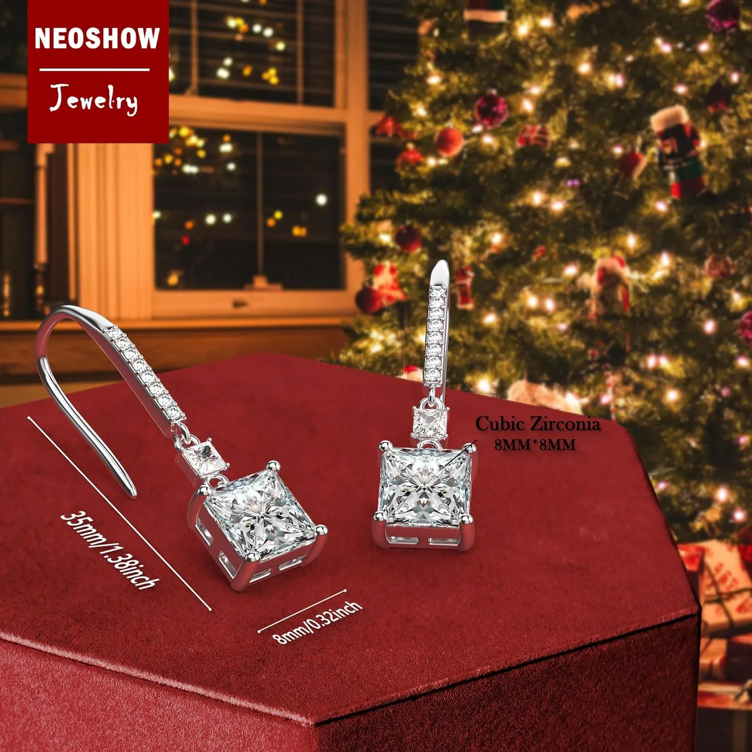 18K White Gold Plated Sterling Silver Square Princess Cut Cubic Zirconia Dangle Earrings for Women Square CZ Diamond Drop Dangling Earrings for Women Mom Hypoallergenic