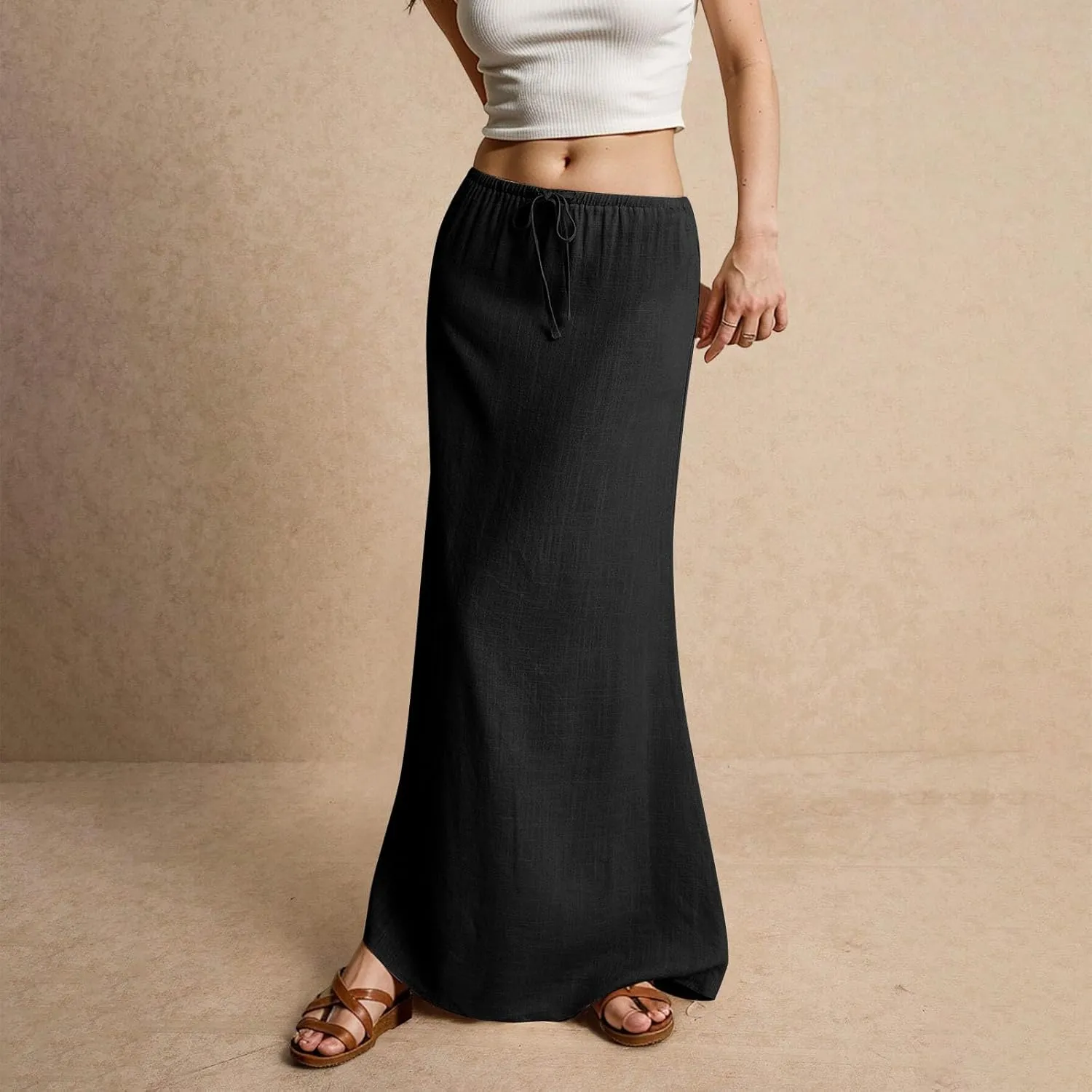 2025 Summer Linen Maxi Skirts for Women, Cute Vacation Boho Long Flowy Skirts, Comfy Drawstring Waist A Line Skirts