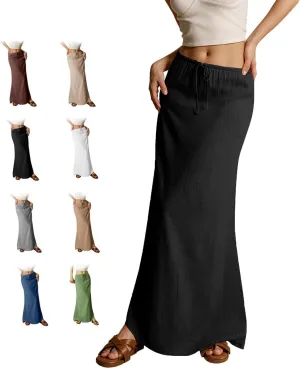 2025 Summer Linen Maxi Skirts for Women, Cute Vacation Boho Long Flowy Skirts, Comfy Drawstring Waist A Line Skirts