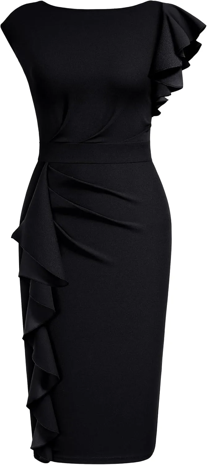 AISIZE Women's Pinup Vintage Ruffle Sleeves Cocktail Party Pencil Dress