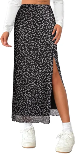 Avanova Women's Mesh Slit Split Long Skirts High Waisted Sexy Summer Maxi Skirts
