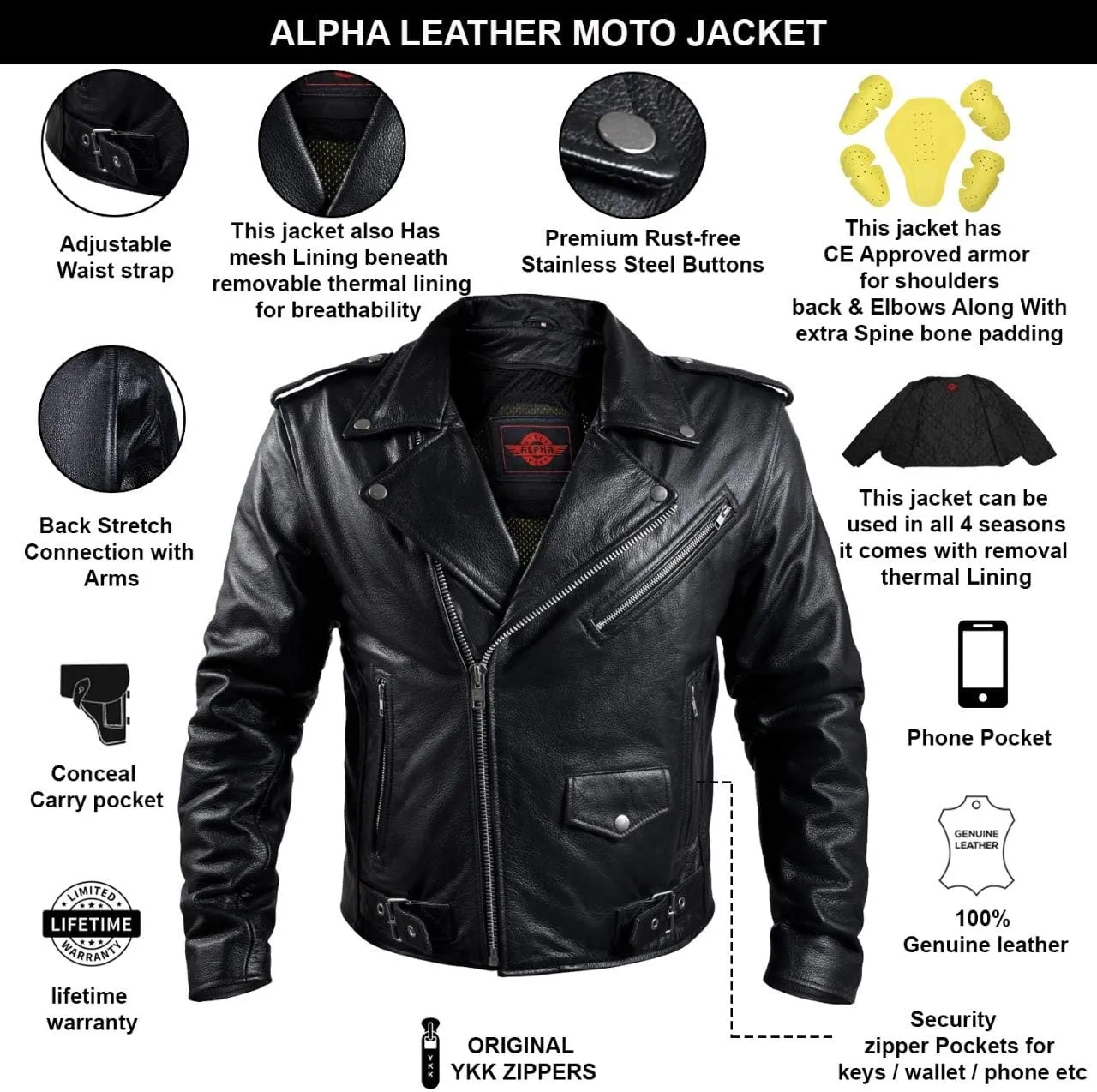 Brando Cafe Racer Motorcycle Jacket - Leather, Black Mesh, 4 Season, Armor, Concealed Carry (CCW) - 4XL