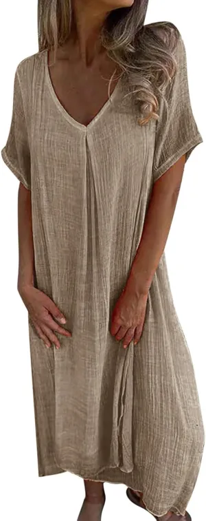 Cotton and Linen V-Neck Midi Dress Summer Short Sleeve Solid Flowy Bohemian Style Casual Loose Dressy Soft Dresses