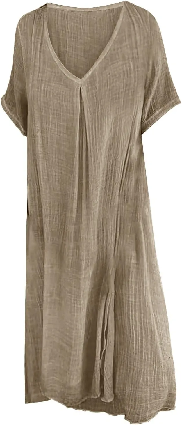 Cotton and Linen V-Neck Midi Dress Summer Short Sleeve Solid Flowy Bohemian Style Casual Loose Dressy Soft Dresses