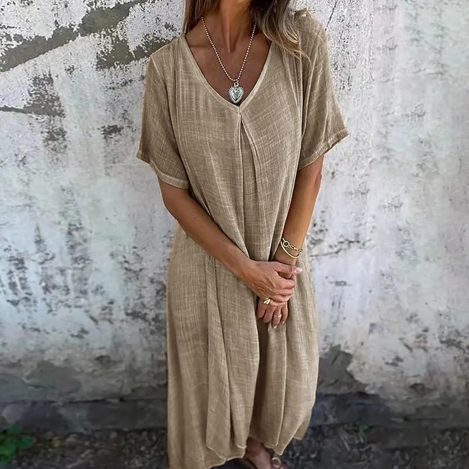 Cotton and Linen V-Neck Midi Dress Summer Short Sleeve Solid Flowy Bohemian Style Casual Loose Dressy Soft Dresses