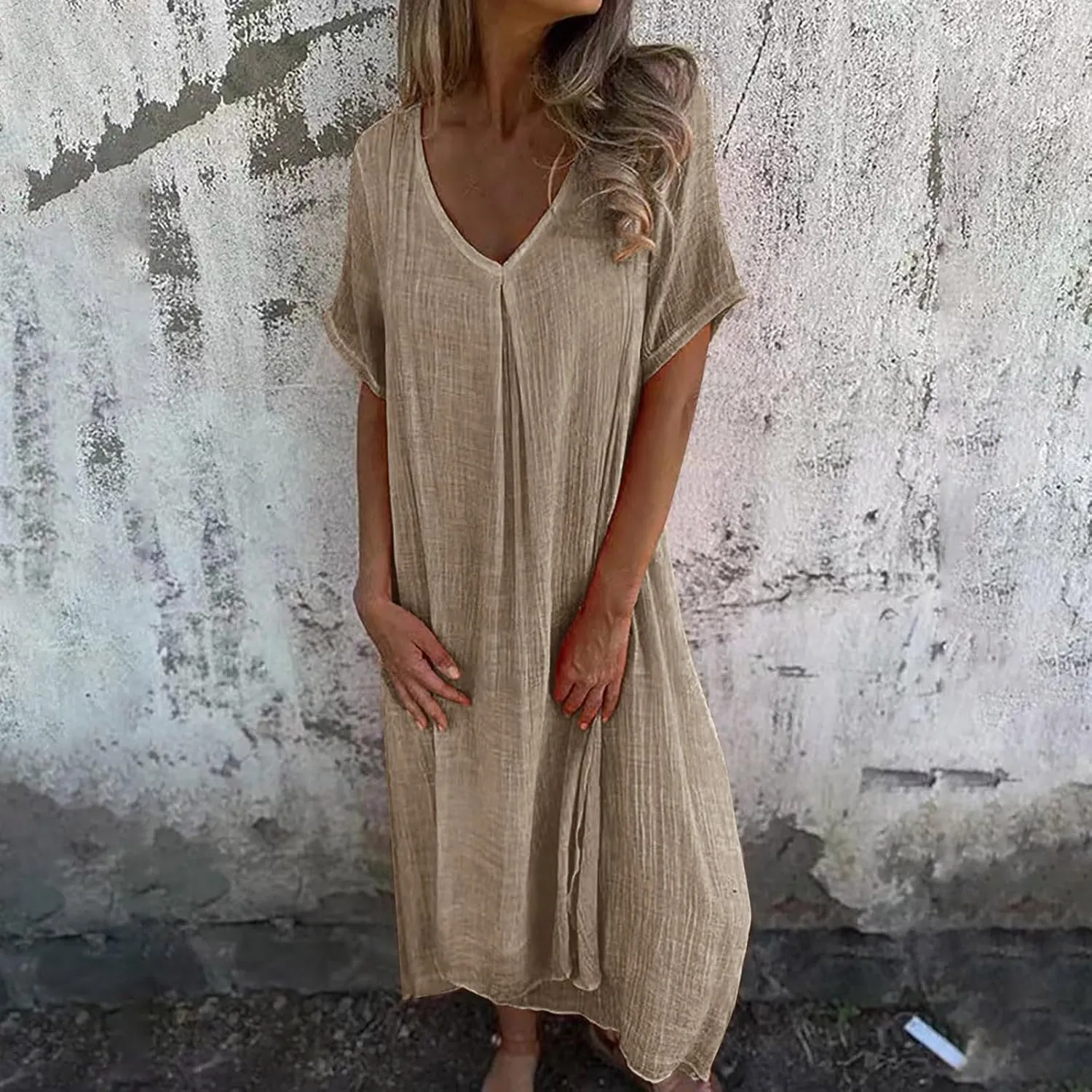 Cotton and Linen V-Neck Midi Dress Summer Short Sleeve Solid Flowy Bohemian Style Casual Loose Dressy Soft Dresses