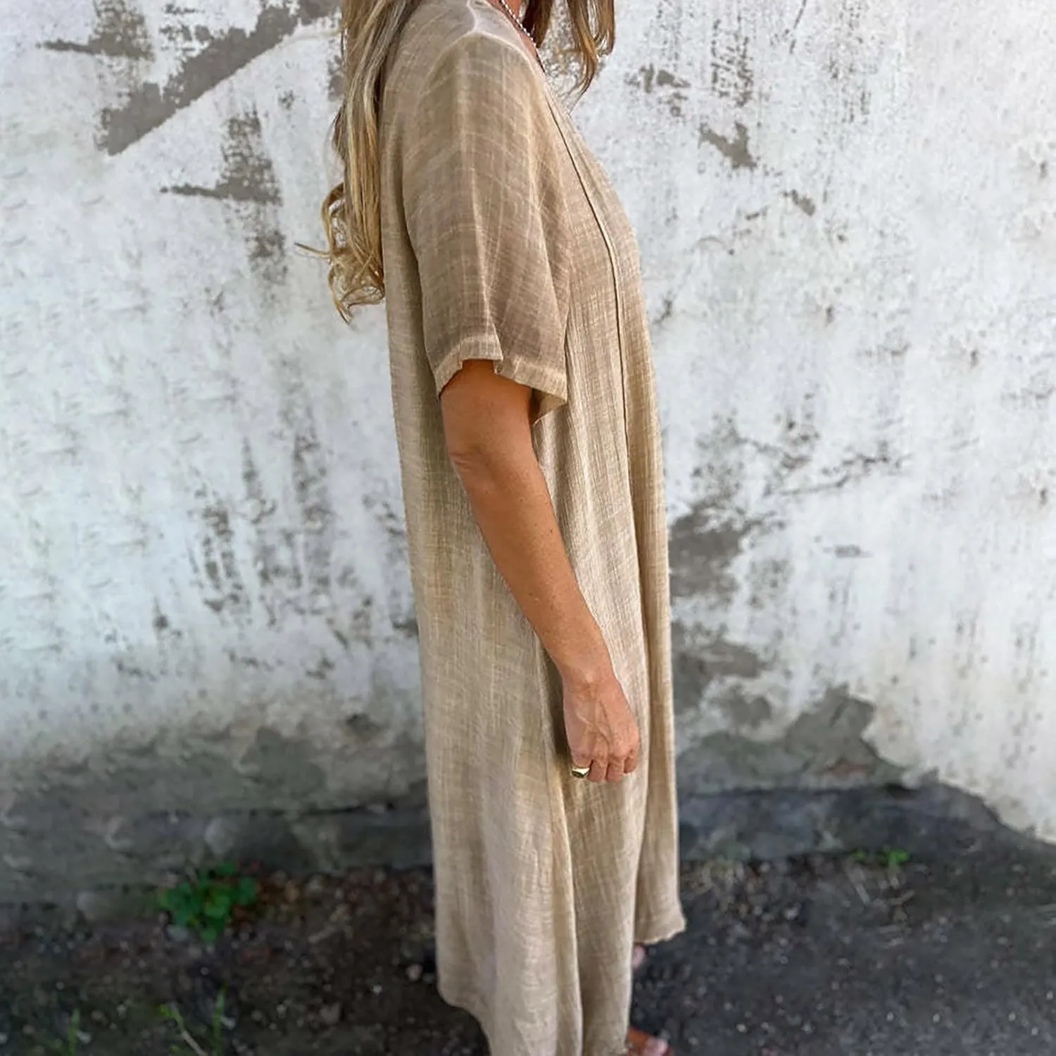 Cotton and Linen V-Neck Midi Dress Summer Short Sleeve Solid Flowy Bohemian Style Casual Loose Dressy Soft Dresses