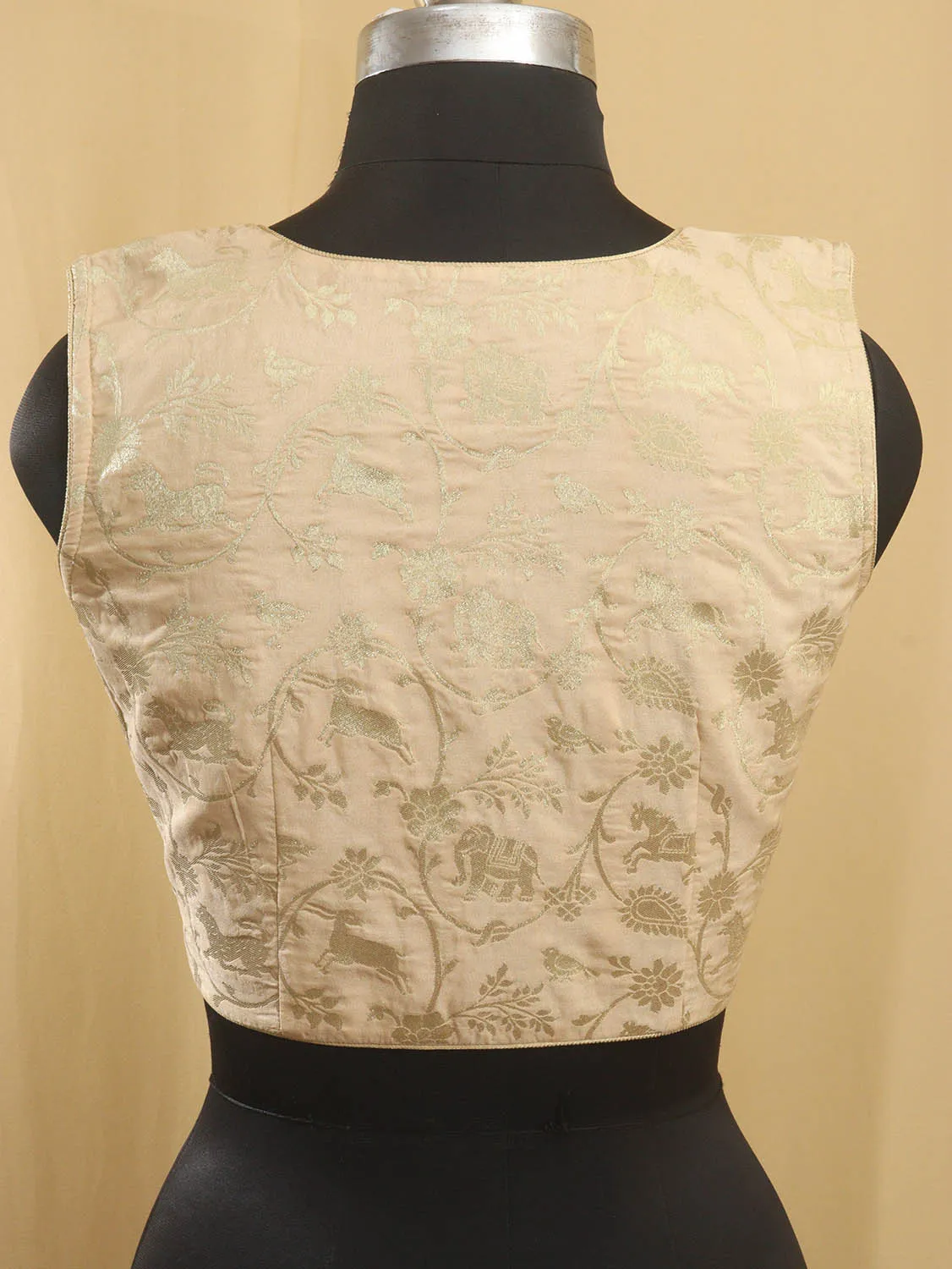 Cream Banarasi Silk Shikargha Design V Neck Non Padded Stitched Blouse