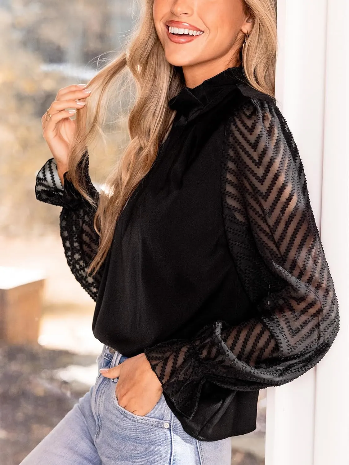 CUPSHE Women's Lace Puff Long Sleeve Lace Pleated Dressy Work Tops Blouse