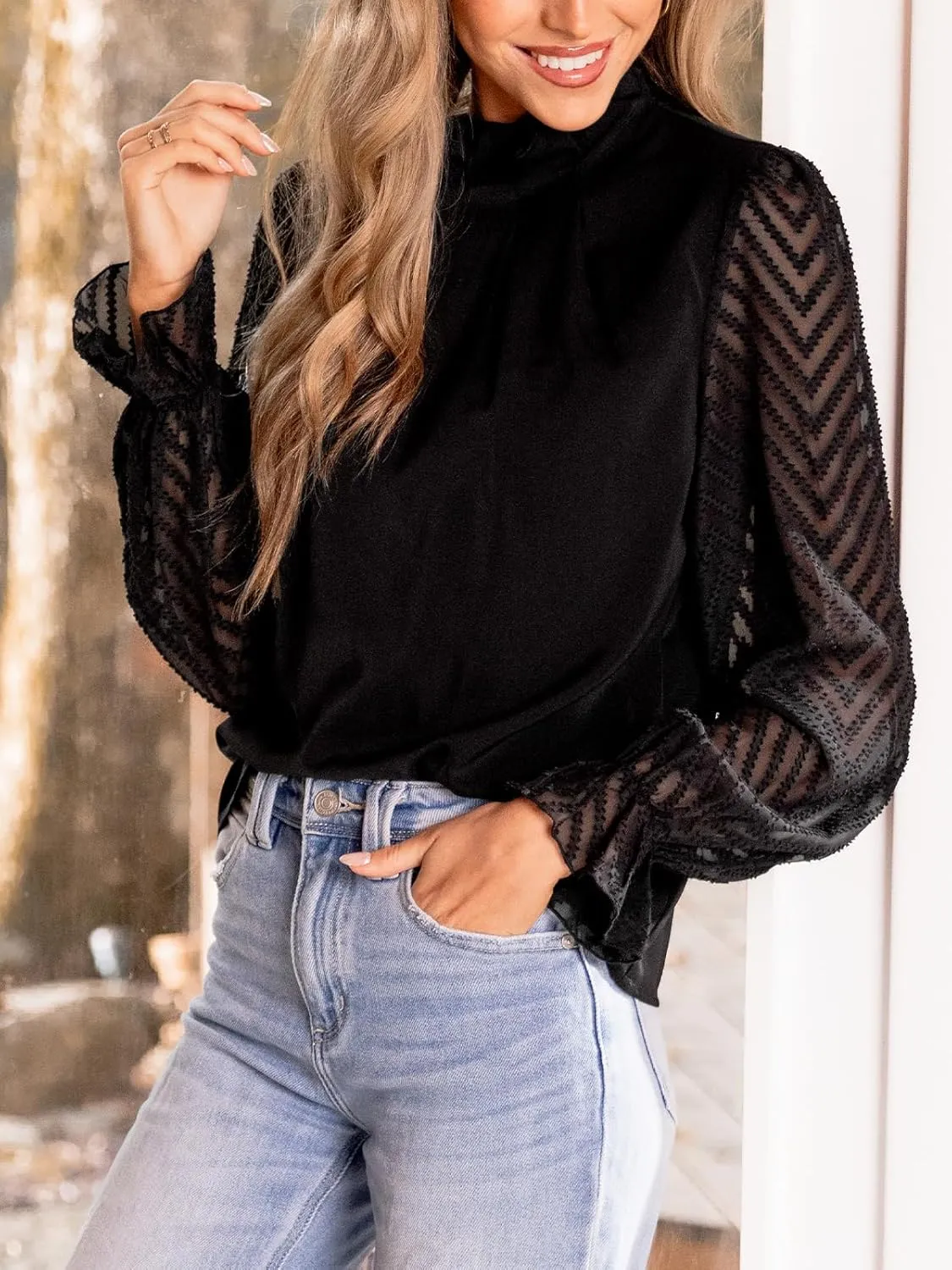 CUPSHE Women's Lace Puff Long Sleeve Lace Pleated Dressy Work Tops Blouse