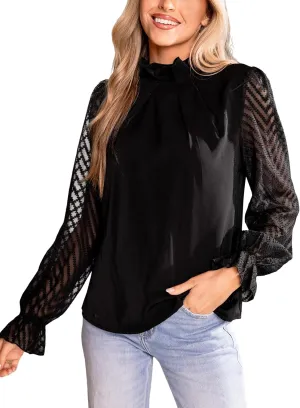 CUPSHE Women's Lace Puff Long Sleeve Lace Pleated Dressy Work Tops Blouse