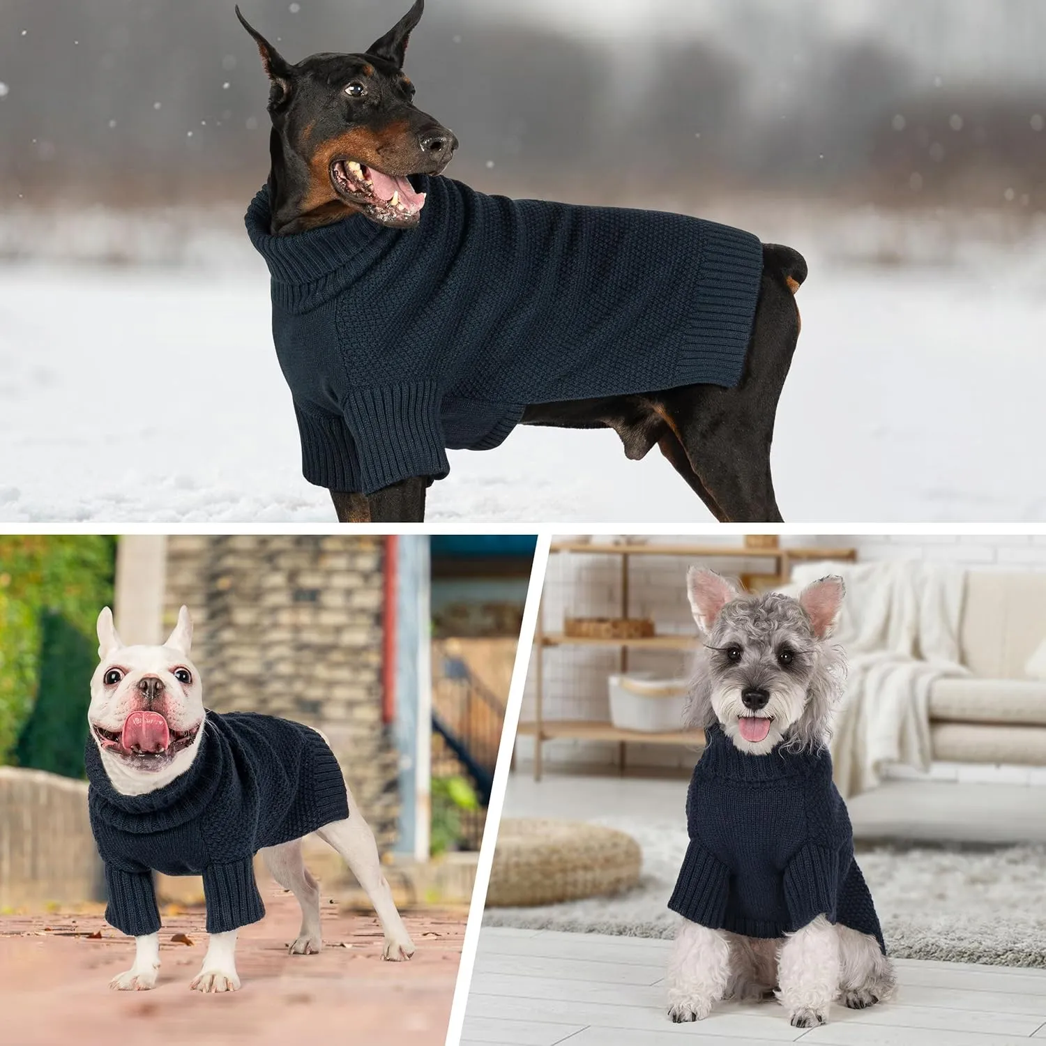 cyeollo Dog Sweater Turtleneck Knitted Sweaters with Leash Hole Winter Dog Clothes Cozy Sweaters for Medium Large Dogs, Navy 2XL