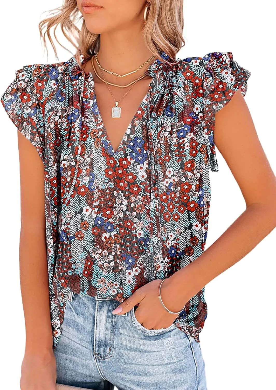 Dokotoo Women's Casual V Neck Tops Drawstring Short Sleeve T Shirt Blouses