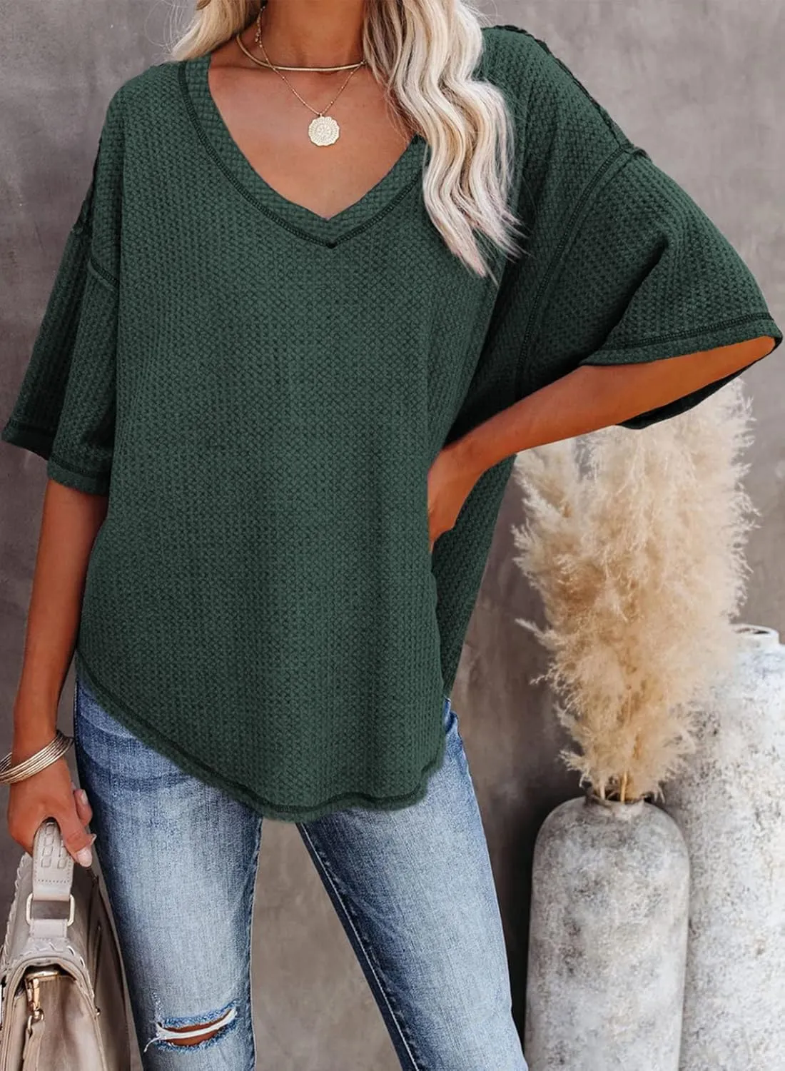 Dokotoo Women's Causual V Neck Short Sleeve Shirts Waffle Knit Loose Tunic Tops Blouses