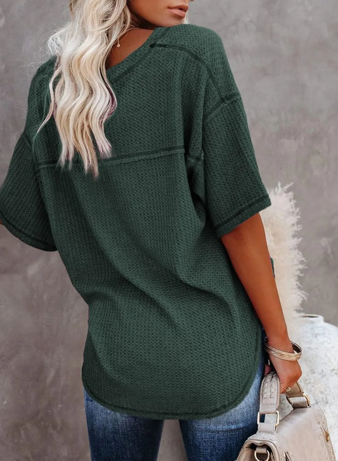 Dokotoo Women's Causual V Neck Short Sleeve Shirts Waffle Knit Loose Tunic Tops Blouses