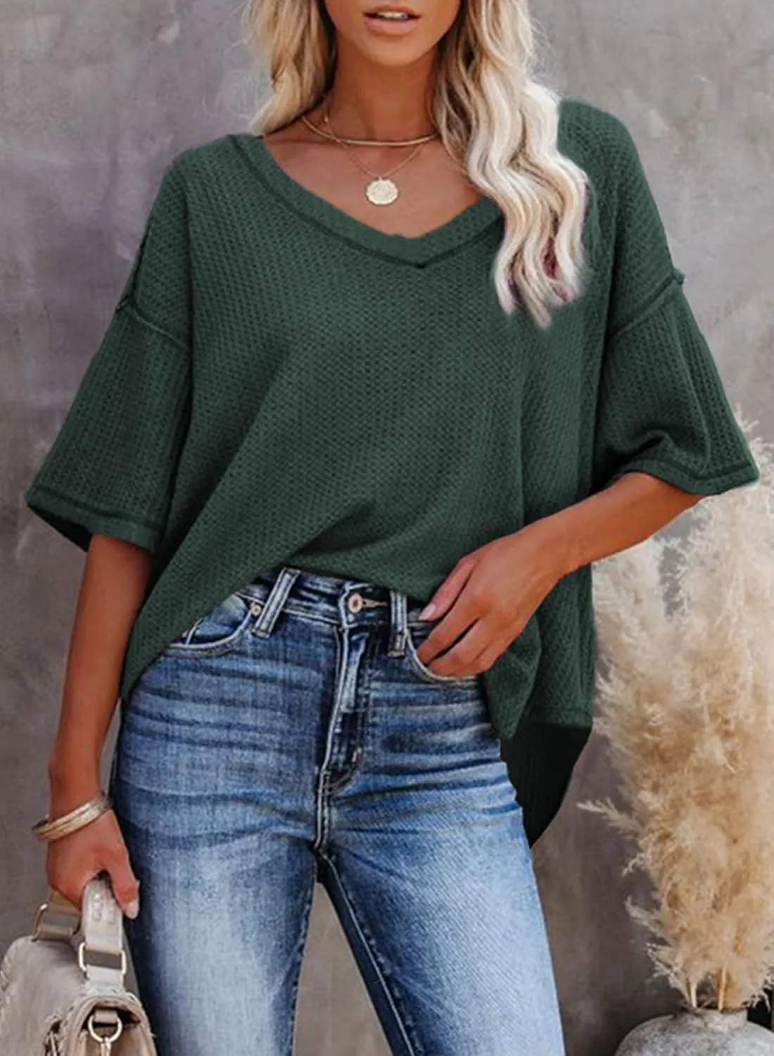 Dokotoo Women's Causual V Neck Short Sleeve Shirts Waffle Knit Loose Tunic Tops Blouses
