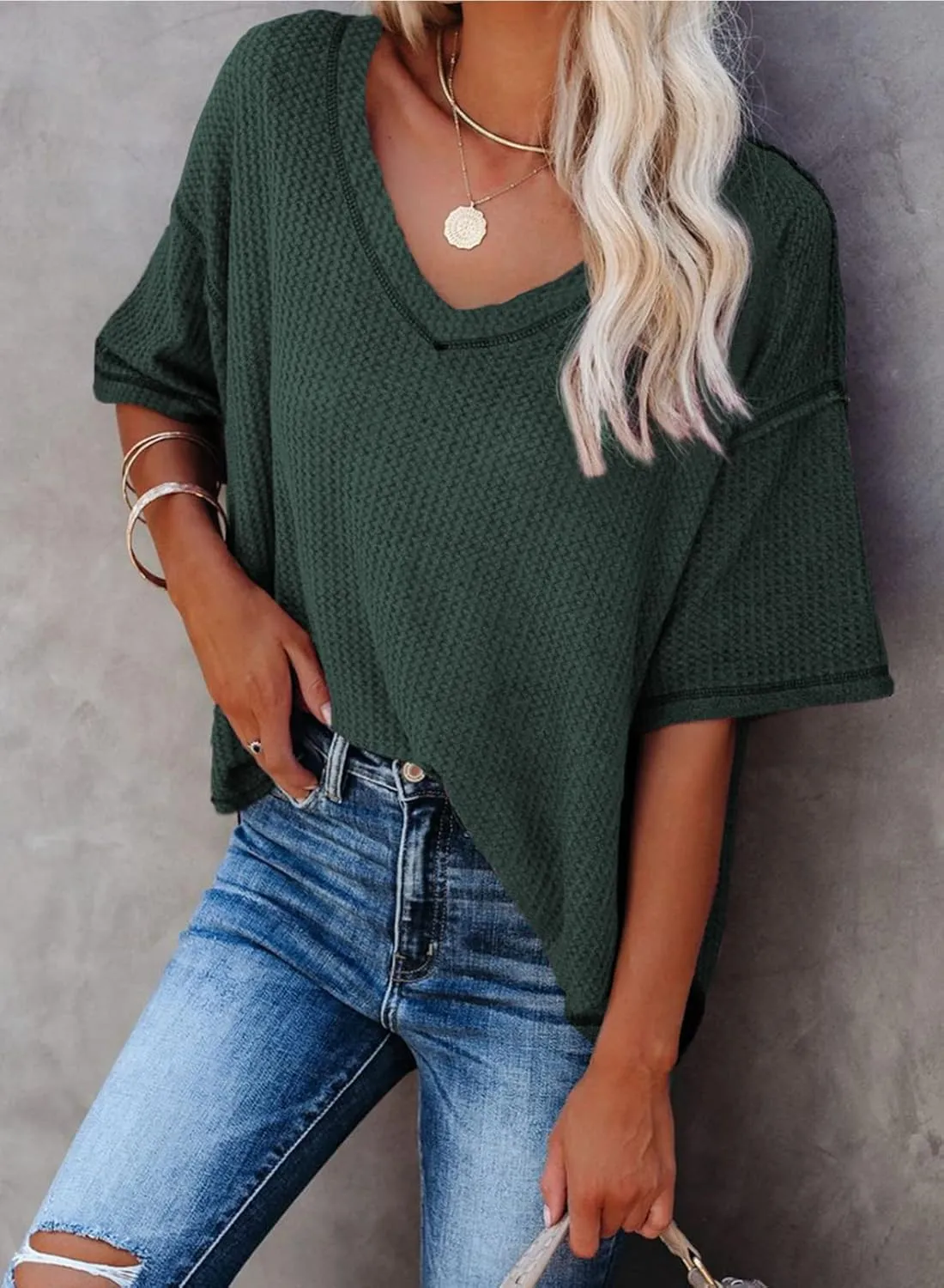 Dokotoo Women's Causual V Neck Short Sleeve Shirts Waffle Knit Loose Tunic Tops Blouses