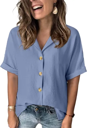 Dokotoo Women's Dressy Casual V Neck Short Sleeve Button Down Shirts Relaxed Work Business Loose Blouses Tops