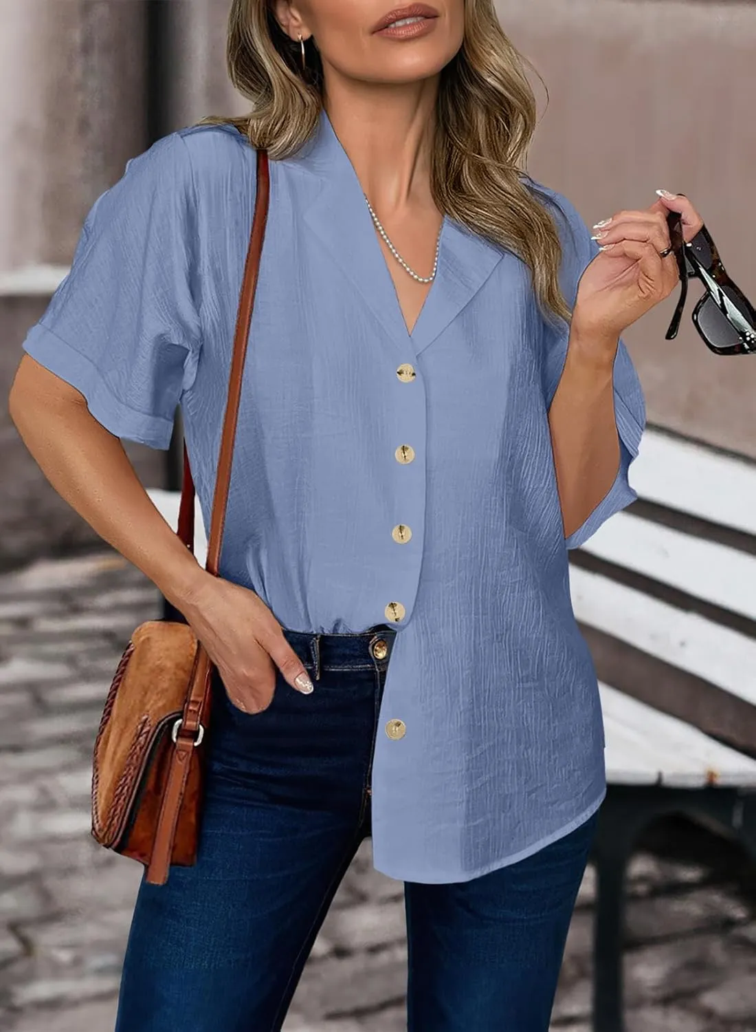 Dokotoo Women's Dressy Casual V Neck Short Sleeve Button Down Shirts Relaxed Work Business Loose Blouses Tops