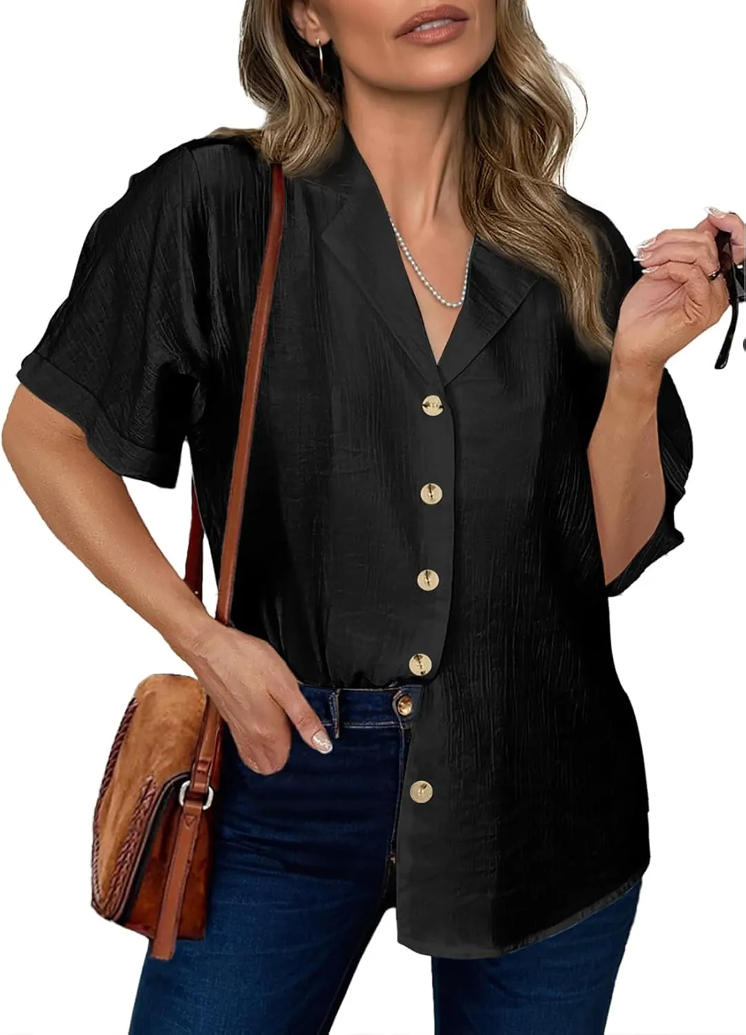 Dokotoo Women's Dressy Casual V Neck Short Sleeve Button Down Shirts Relaxed Work Business Loose Blouses Tops