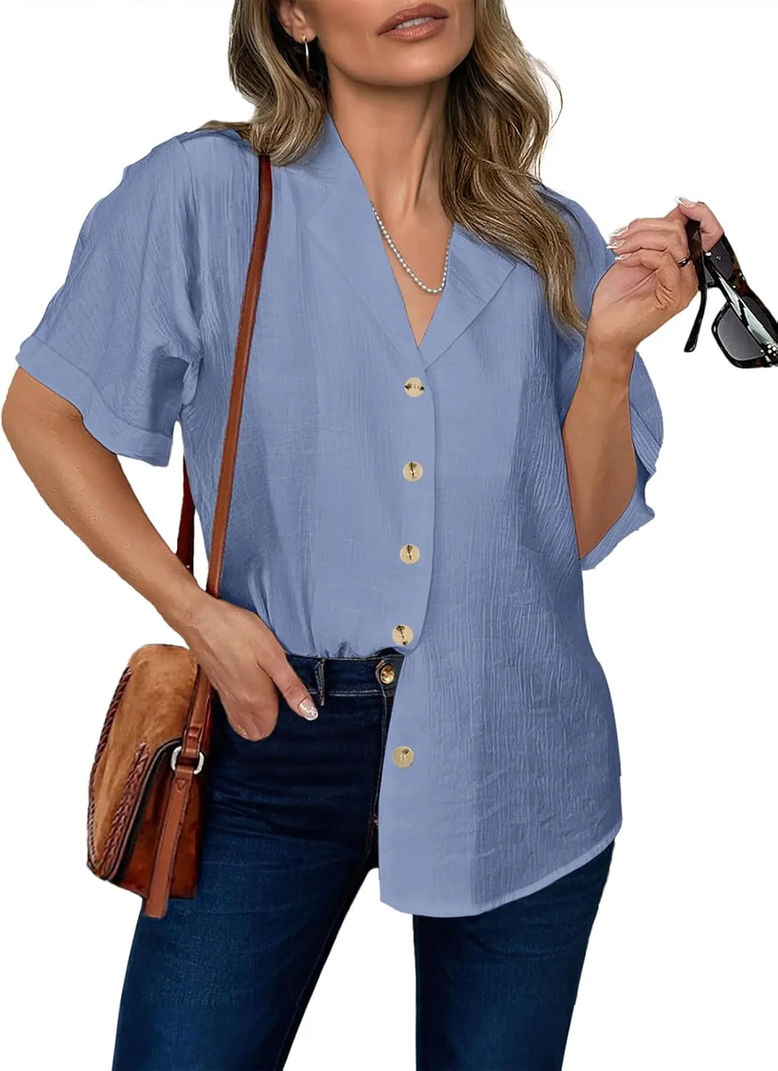 Dokotoo Women's Dressy Casual V Neck Short Sleeve Button Down Shirts Relaxed Work Business Loose Blouses Tops