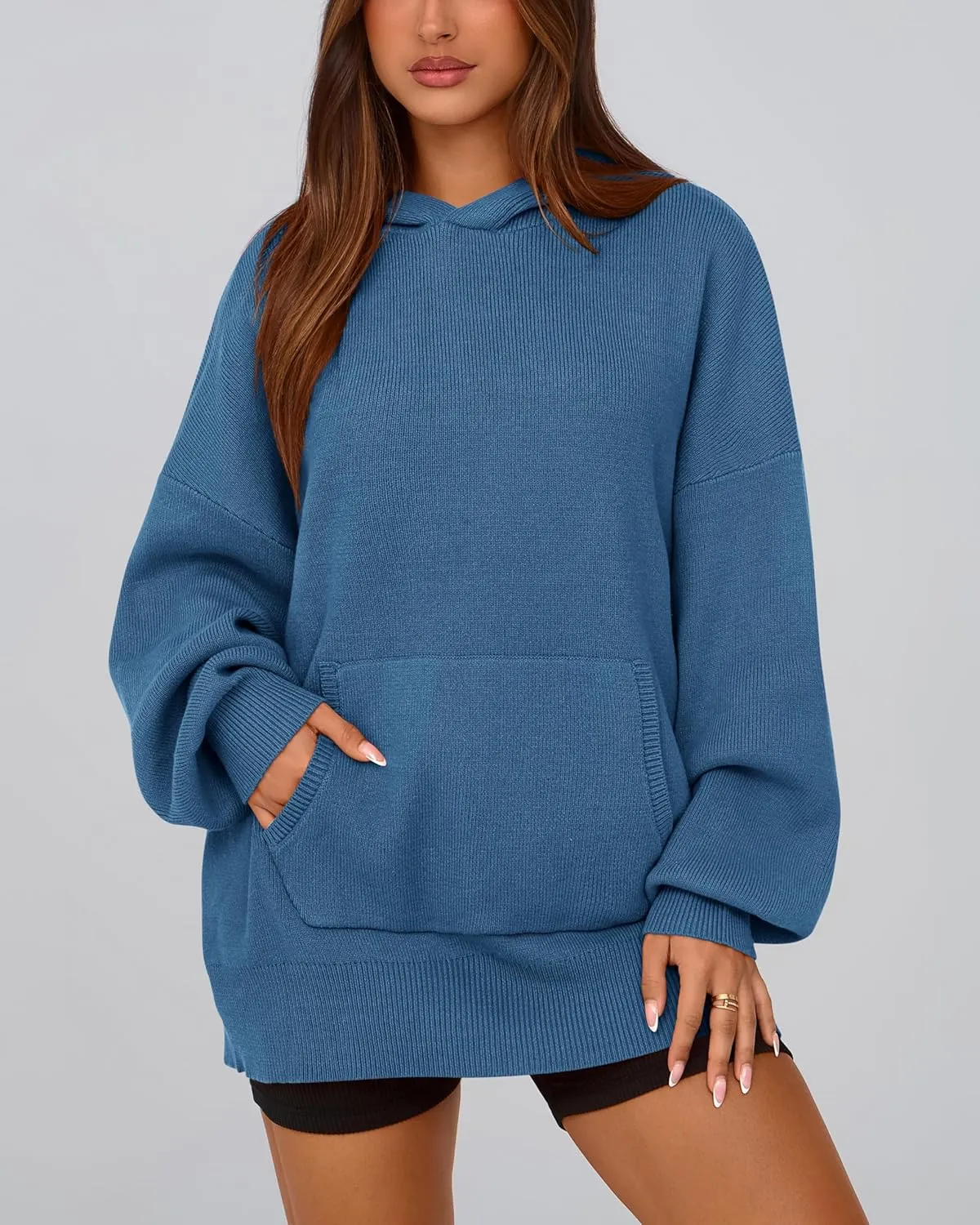 dowerme Women Oversized Sweaters 2025 Lantern Long Sleeve Drop Shoulder Chunky Knit Hooded Pullover Sweater with Pocket