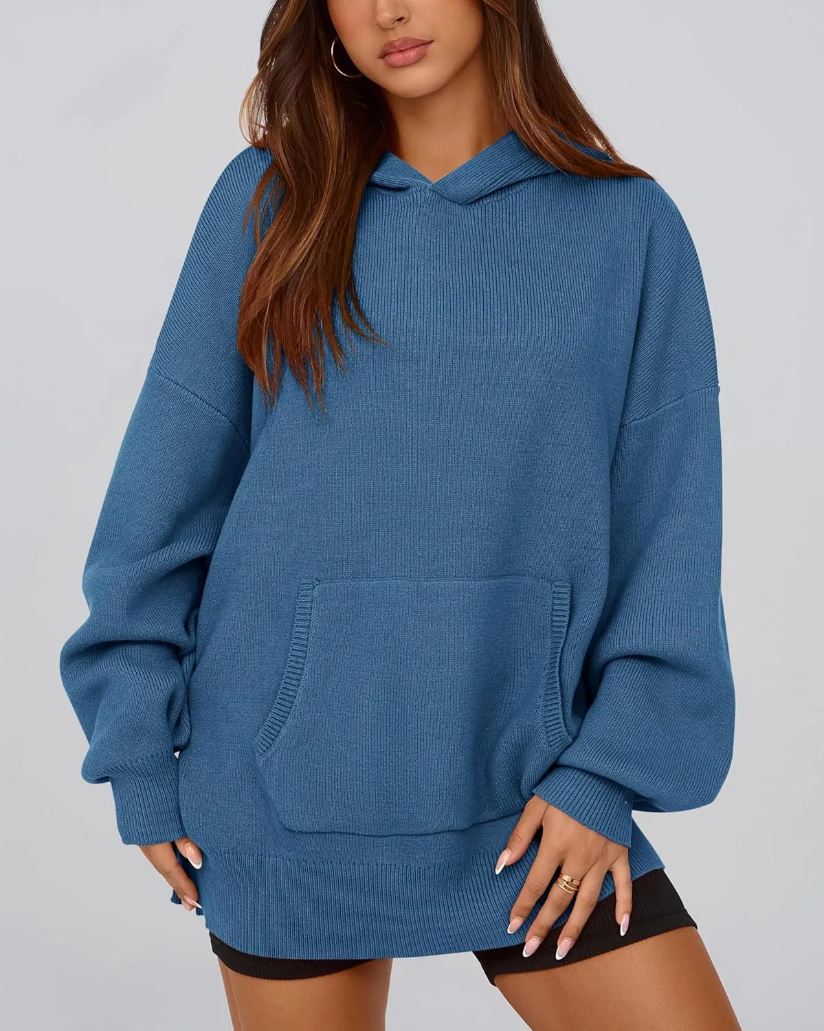 dowerme Women Oversized Sweaters 2025 Lantern Long Sleeve Drop Shoulder Chunky Knit Hooded Pullover Sweater with Pocket
