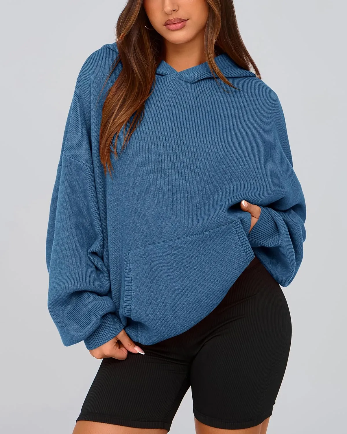 dowerme Women Oversized Sweaters 2025 Lantern Long Sleeve Drop Shoulder Chunky Knit Hooded Pullover Sweater with Pocket