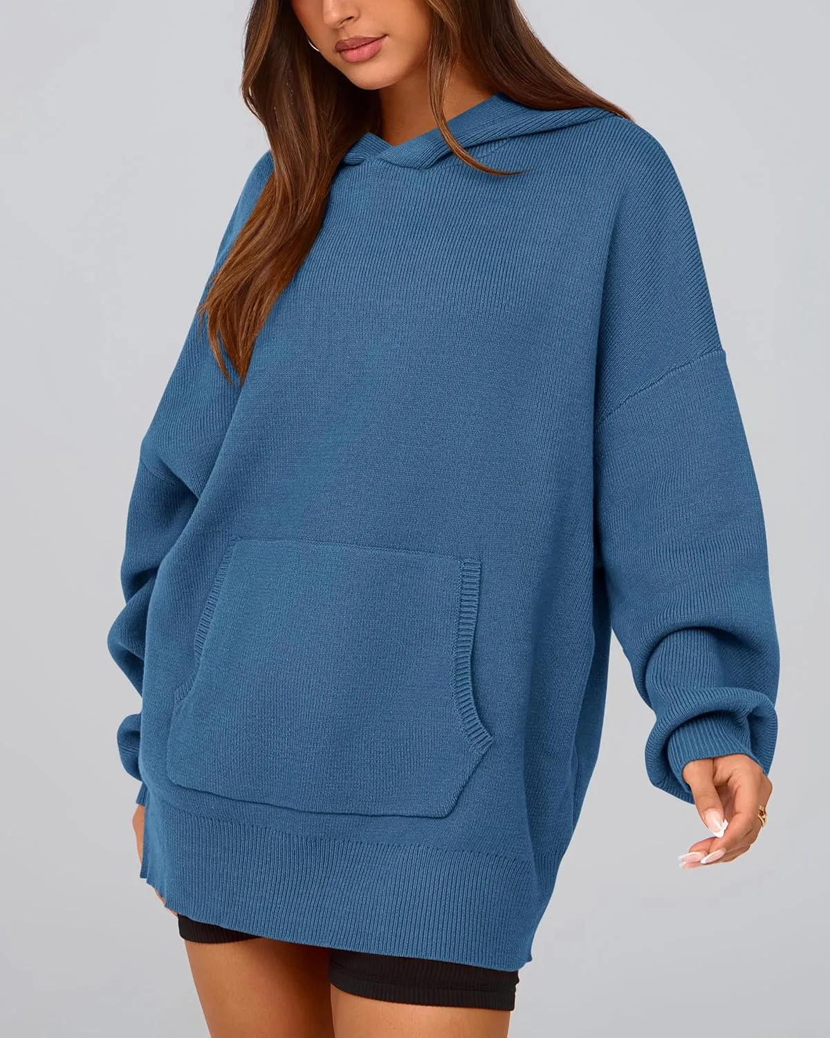 dowerme Women Oversized Sweaters 2025 Lantern Long Sleeve Drop Shoulder Chunky Knit Hooded Pullover Sweater with Pocket