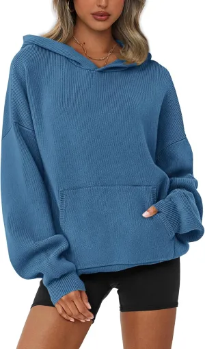 dowerme Women Oversized Sweaters 2025 Lantern Long Sleeve Drop Shoulder Chunky Knit Hooded Pullover Sweater with Pocket