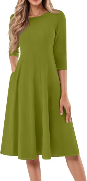 Dress for Women Casual Spring 3/4 Sleeve Ruched Dresses Midi Crew Neck A Line Solid Color with Pockets