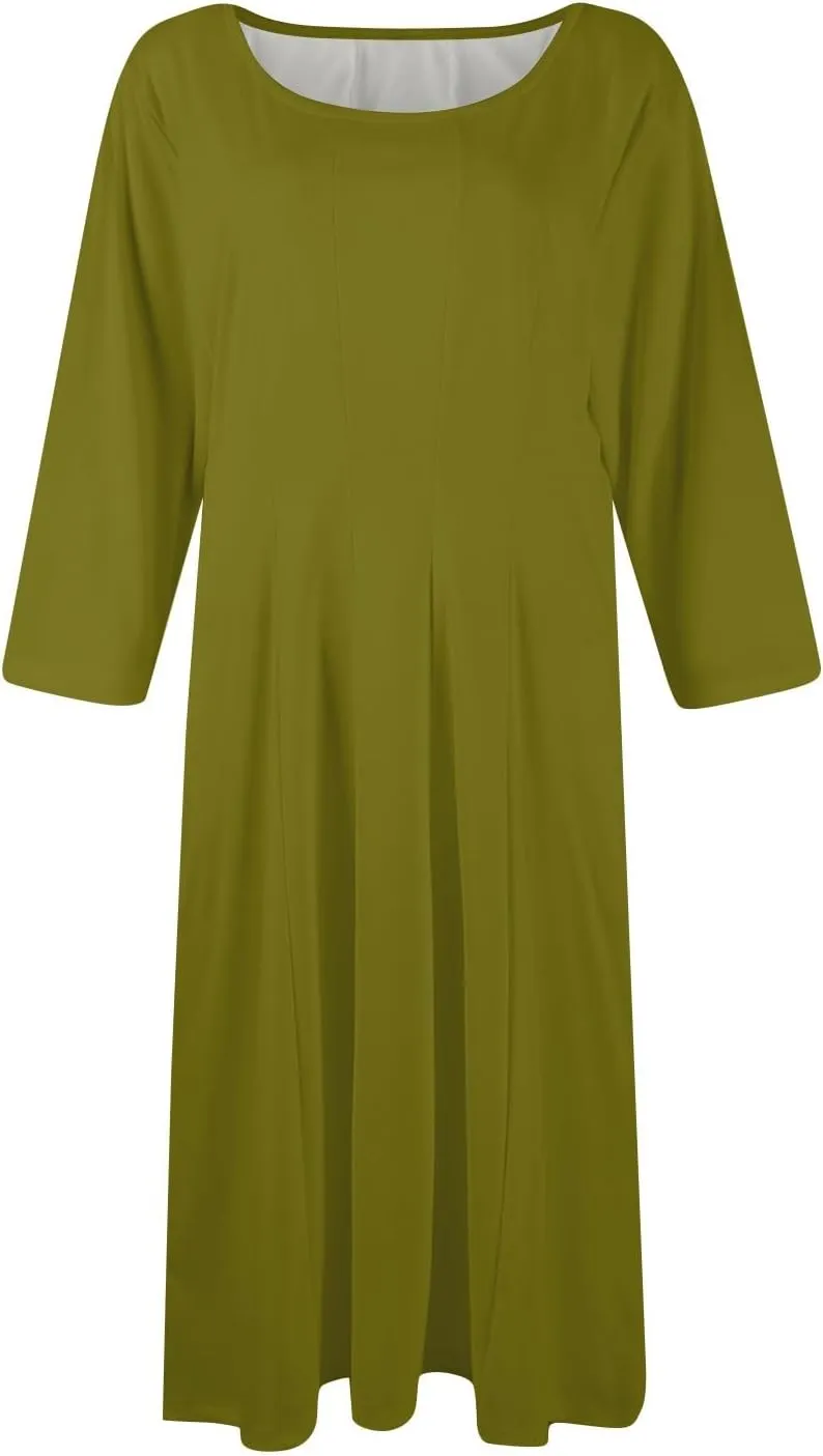 Dress for Women Casual Spring 3/4 Sleeve Ruched Dresses Midi Crew Neck A Line Solid Color with Pockets