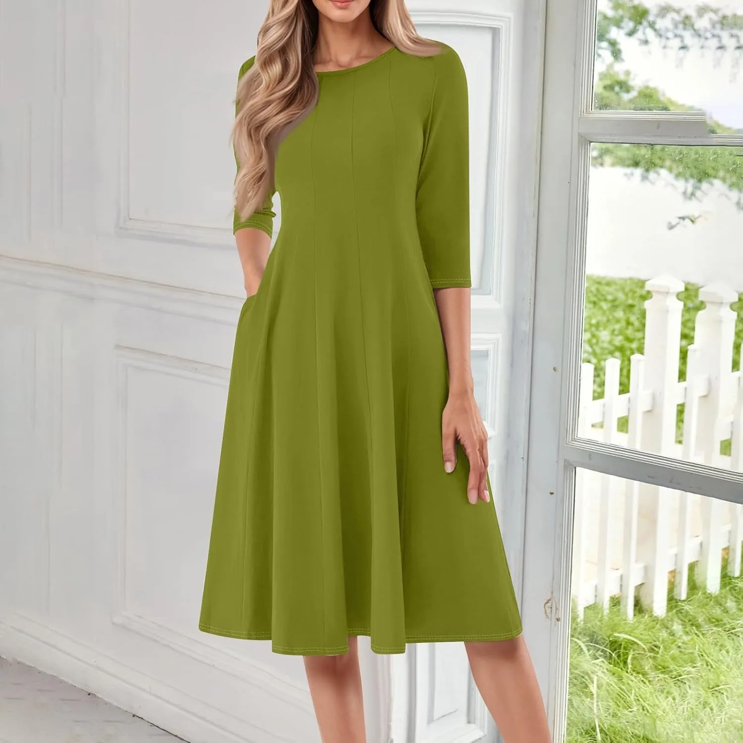 Dress for Women Casual Spring 3/4 Sleeve Ruched Dresses Midi Crew Neck A Line Solid Color with Pockets