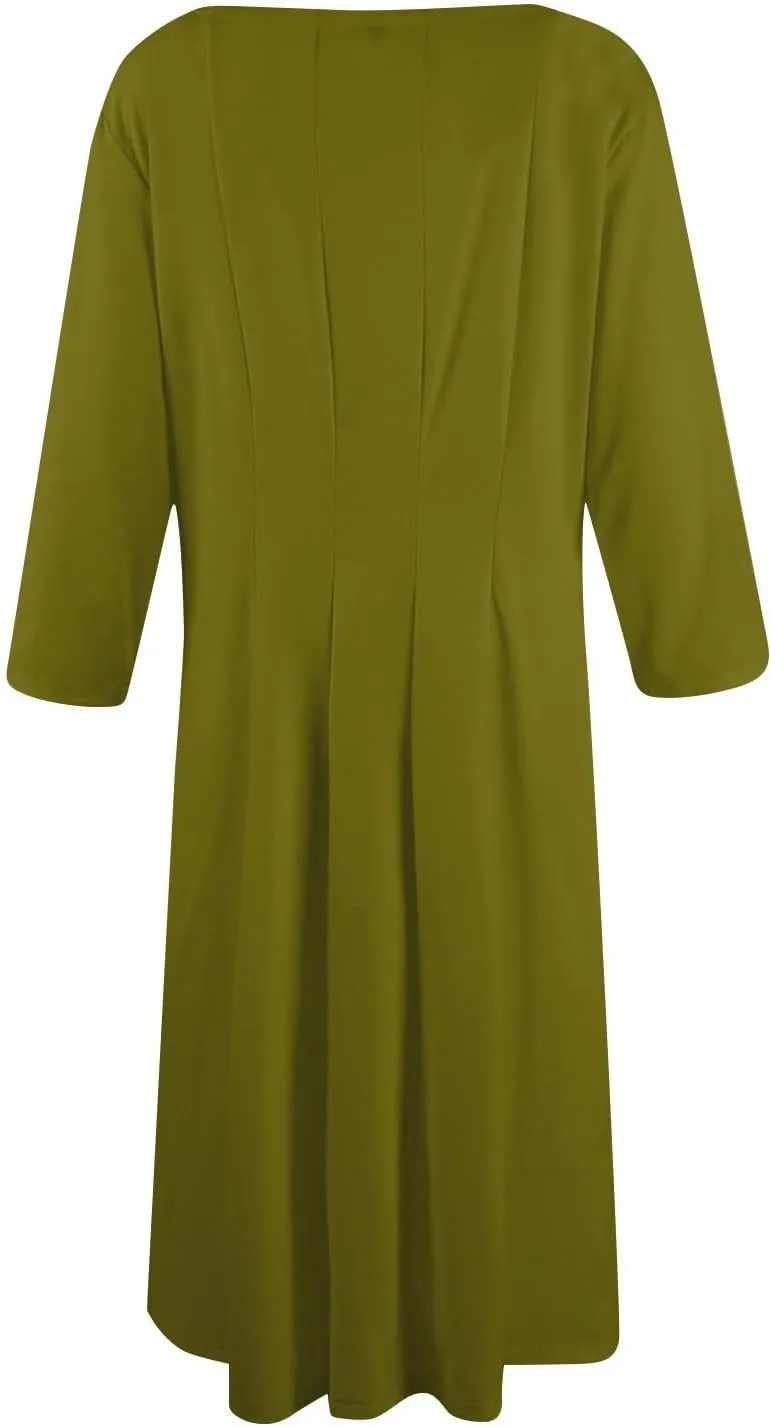 Dress for Women Casual Spring 3/4 Sleeve Ruched Dresses Midi Crew Neck A Line Solid Color with Pockets