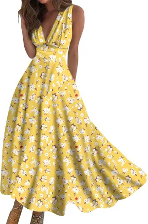 Dresses for Women 2025 Elegant Classy Casual Sleeveless Deep V Neck Beach High Waist Long Maxi Dresses
