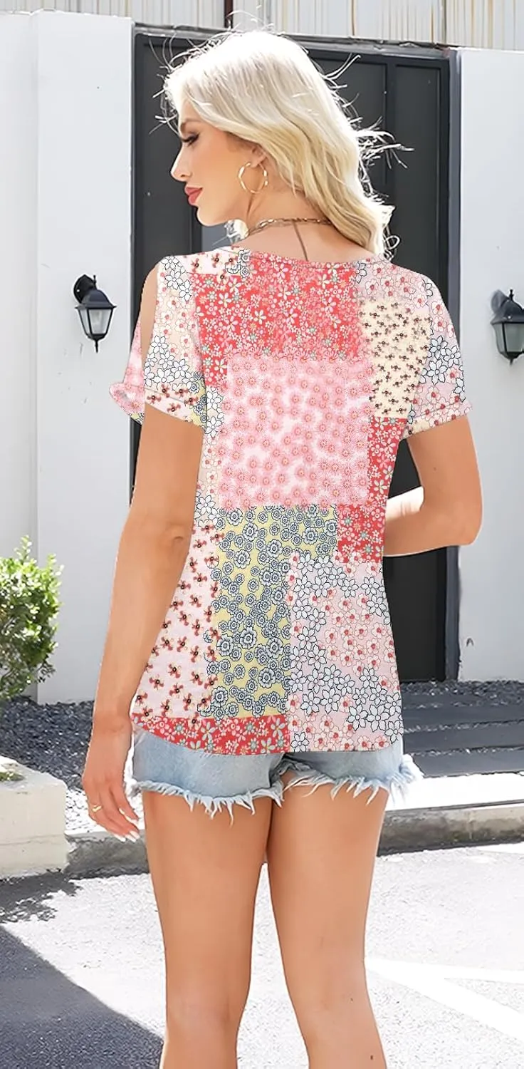ETCYY NEW Womens Summer Tunic Tops 2025 Short Sleeve Cold Shoulder Shirts Dressy Casual Blouses