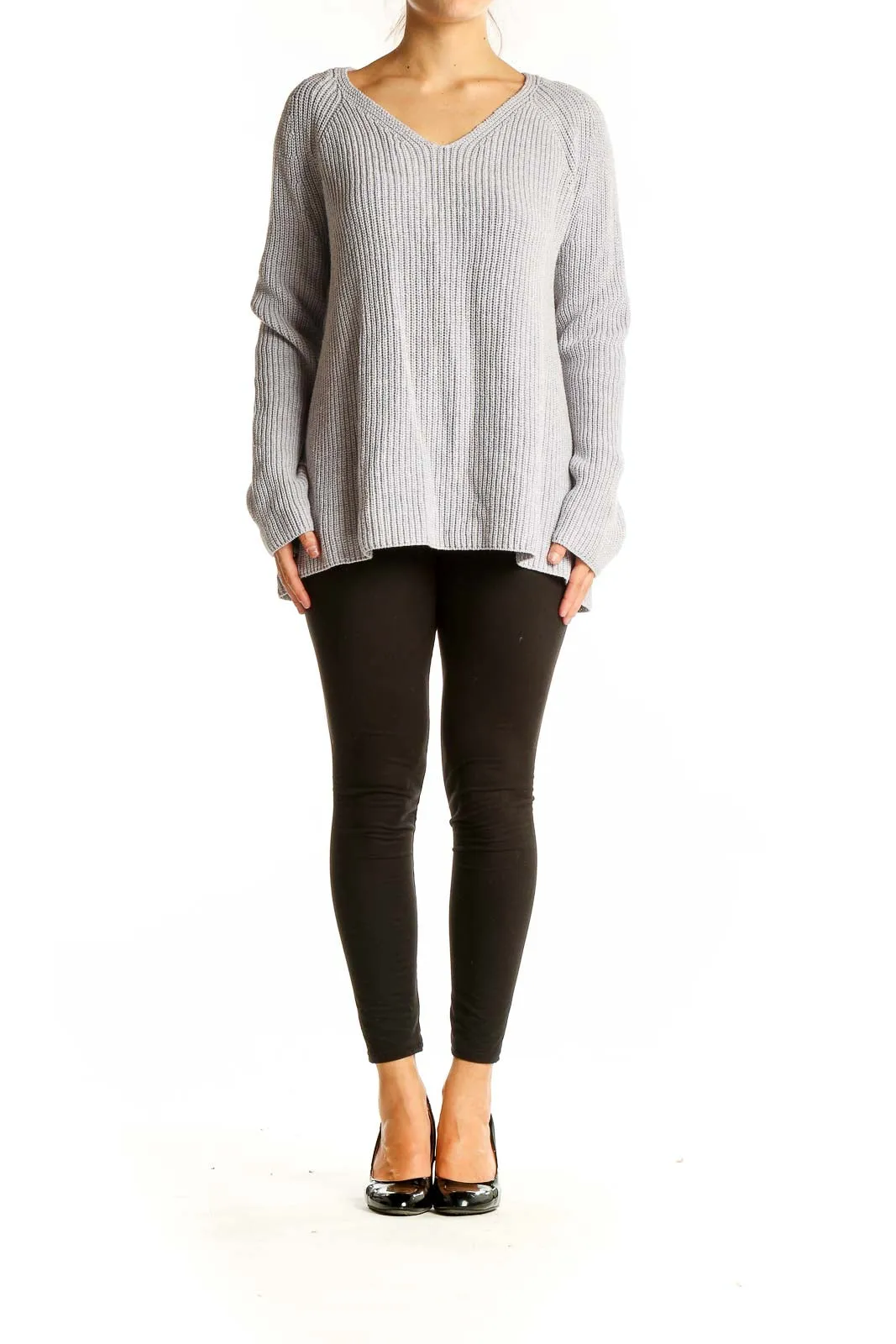 Gray Ribbed V-Neck Cotton Wool Sweater