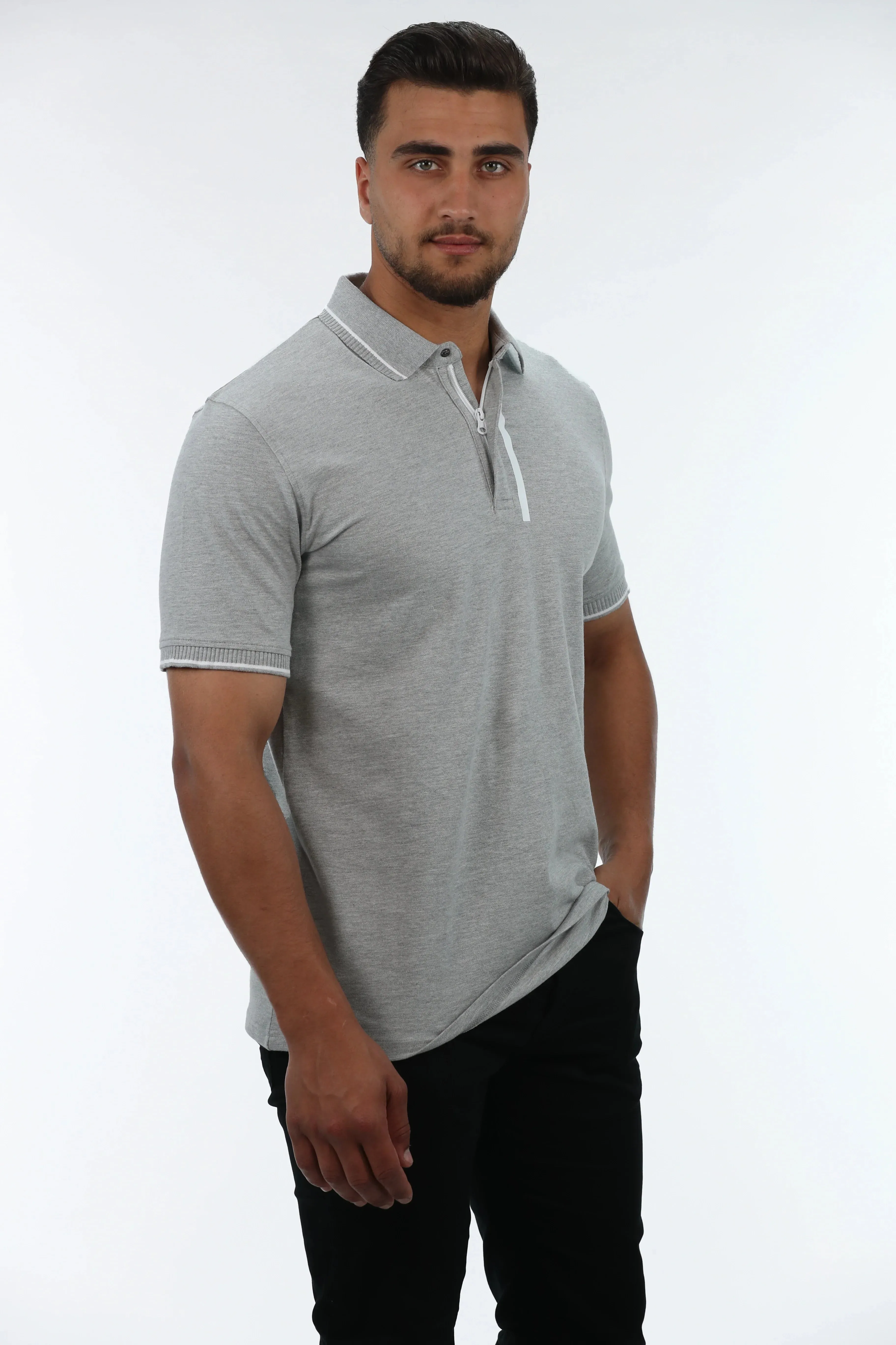 Grey Polo With Half Zipper Design