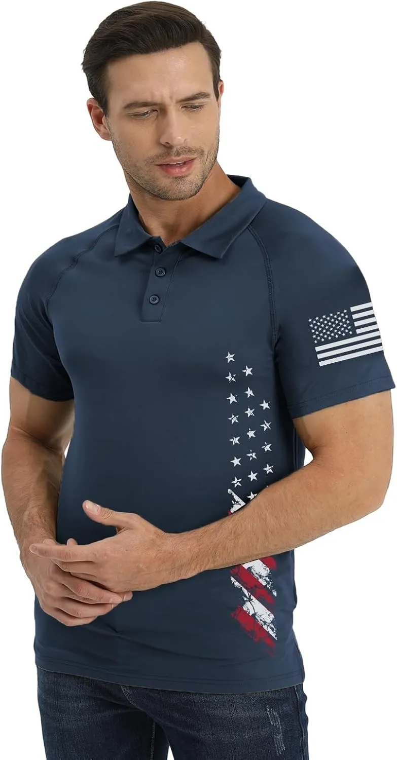 H HYFOL Short Sleeve Polo Shirts for Men Graphic Stretch Casual American Patriotic Raglan Golf Polos for Men