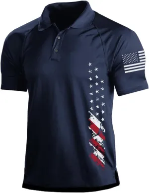 H HYFOL Short Sleeve Polo Shirts for Men Graphic Stretch Casual American Patriotic Raglan Golf Polos for Men