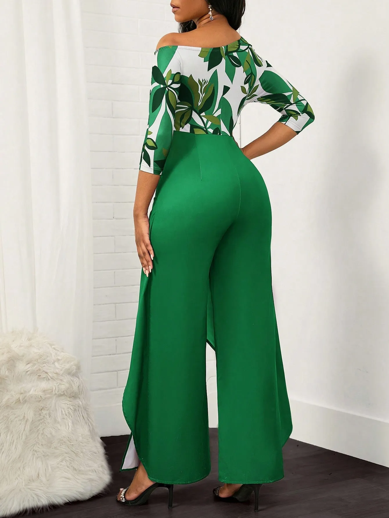 Leaves Print Asymmetrical Neck Overlay Hem Jumpsuit (Without Belt)