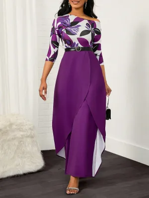 Leaves Print Asymmetrical Neck Overlay Hem Jumpsuit (Without Belt)