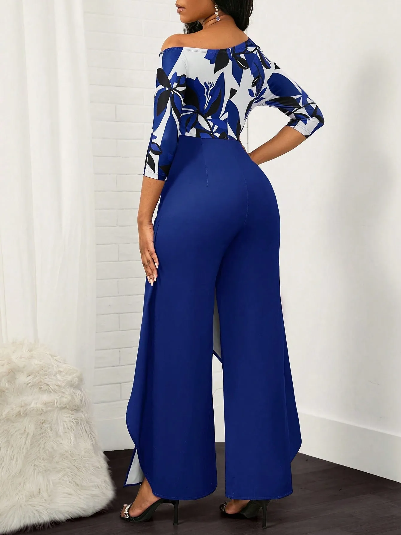 Leaves Print Asymmetrical Neck Overlay Hem Jumpsuit (Without Belt)