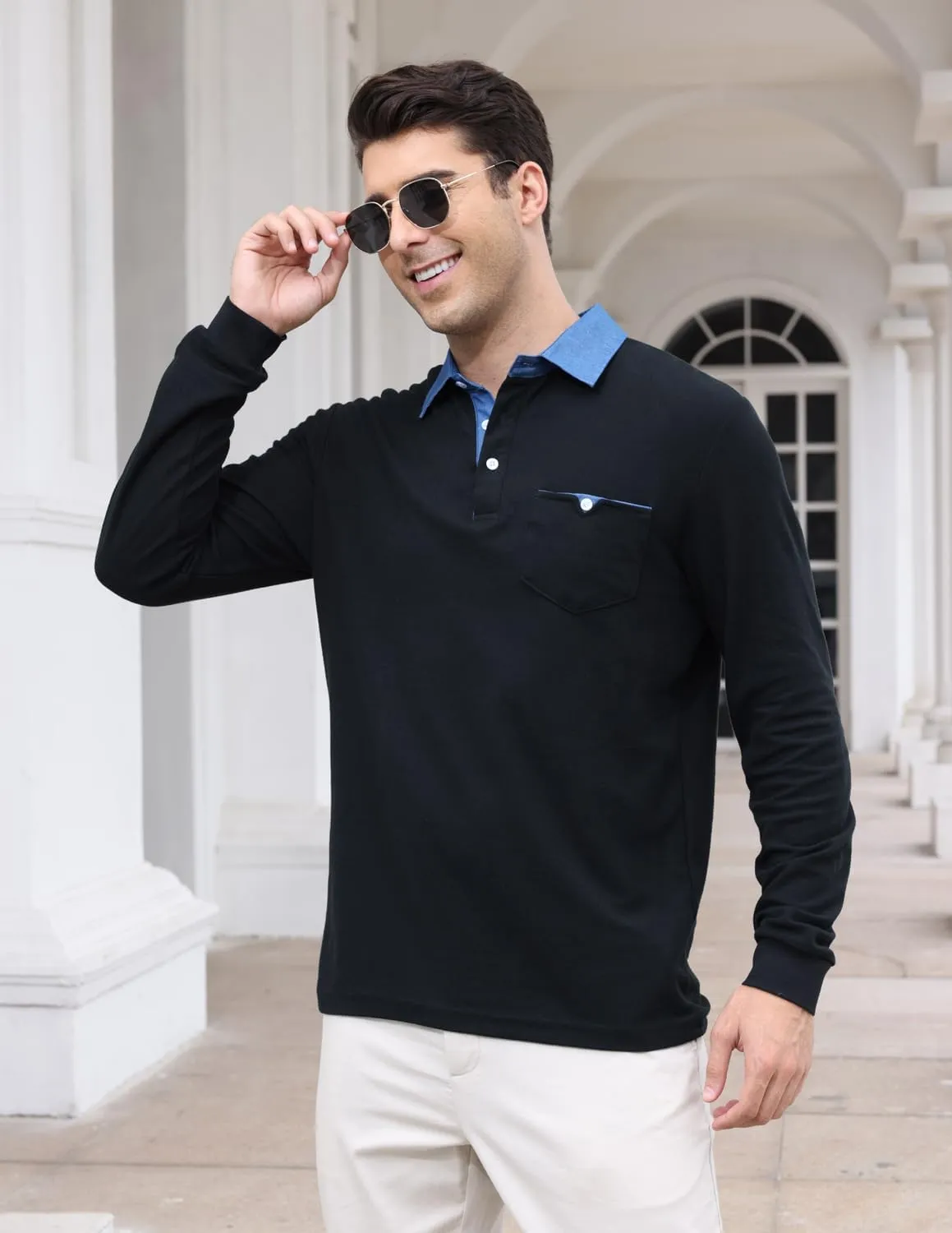 LIUPMWE Men's Shirt Long Sleeve Polo Shirt for Men Basic Slim Fit Long Sleeve Polo Men's Shirts with Pocket Golf Shirts