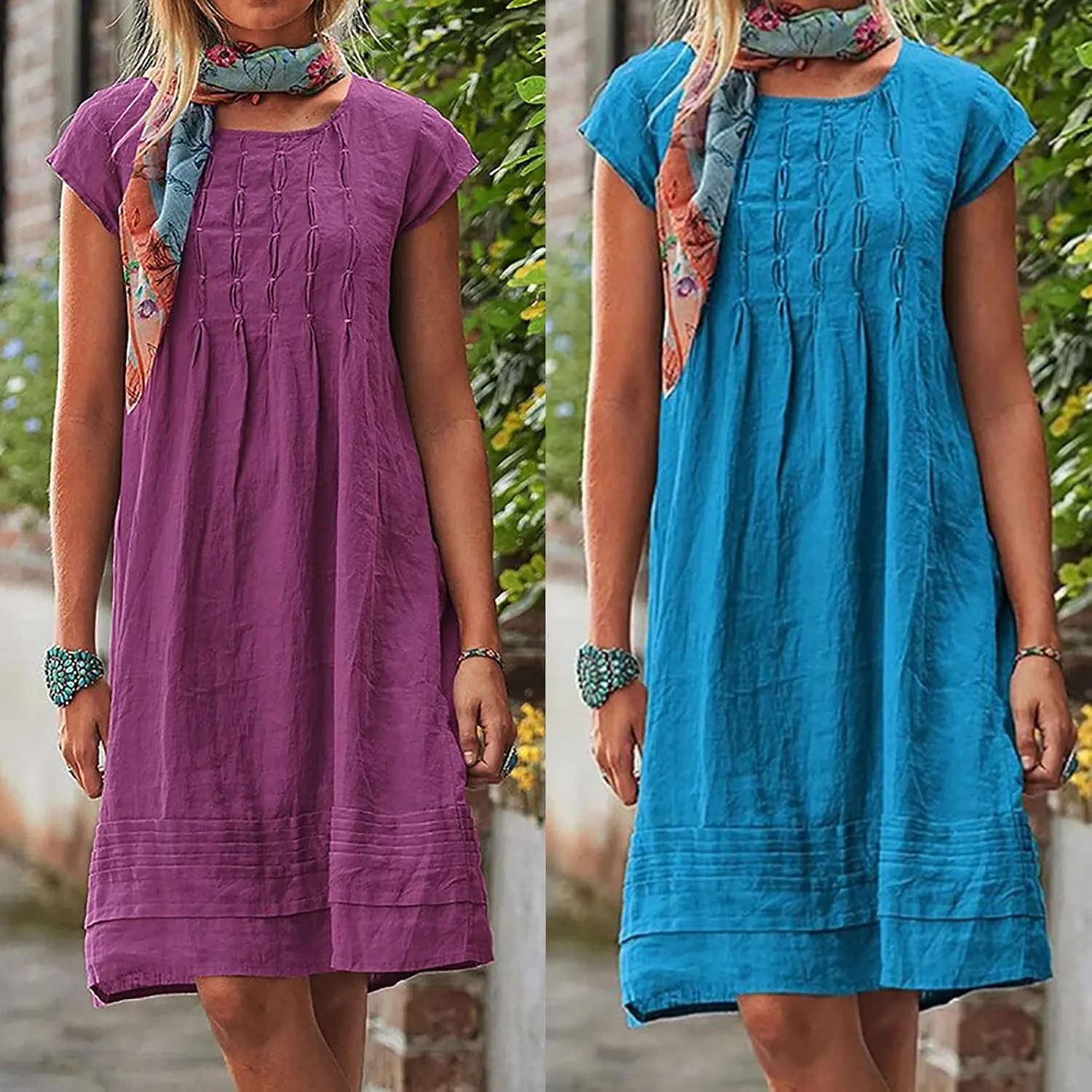 maisdgop Linen Dresses for Women 2025 Plus Size Cap Sleeve Pleated Summer Midi Dress Vacation Casual Knee Length Sundresses