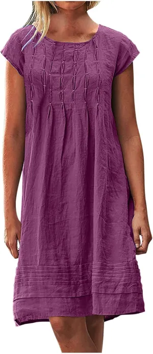 maisdgop Linen Dresses for Women 2025 Plus Size Cap Sleeve Pleated Summer Midi Dress Vacation Casual Knee Length Sundresses