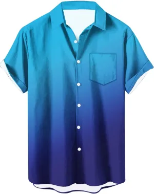 Men Gradient Button Down Shirt Lightweight Breathable Linen Summer Tops Casual Stylish Vacation Short Sleeve Blouses