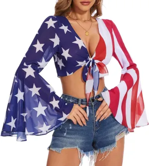 Mesh Tops for Women Bell Sleeve Rave Outfits Tie Front Crop Top Long Sleeve Shirt Sheer Blouse Festival